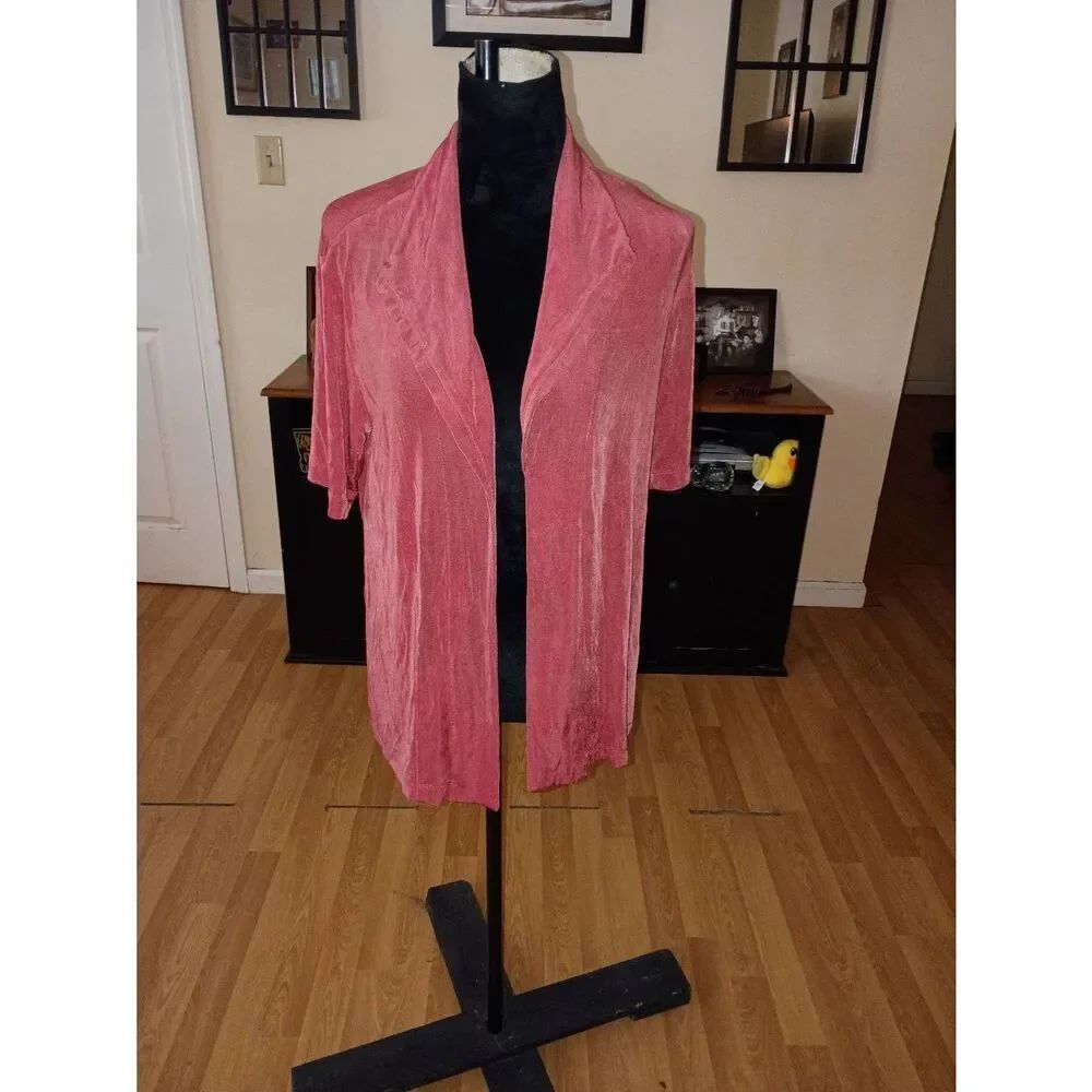 Chicos Travelers Pink Slinky Knit Open Cardigan Jacket Size 2 Large 12-14